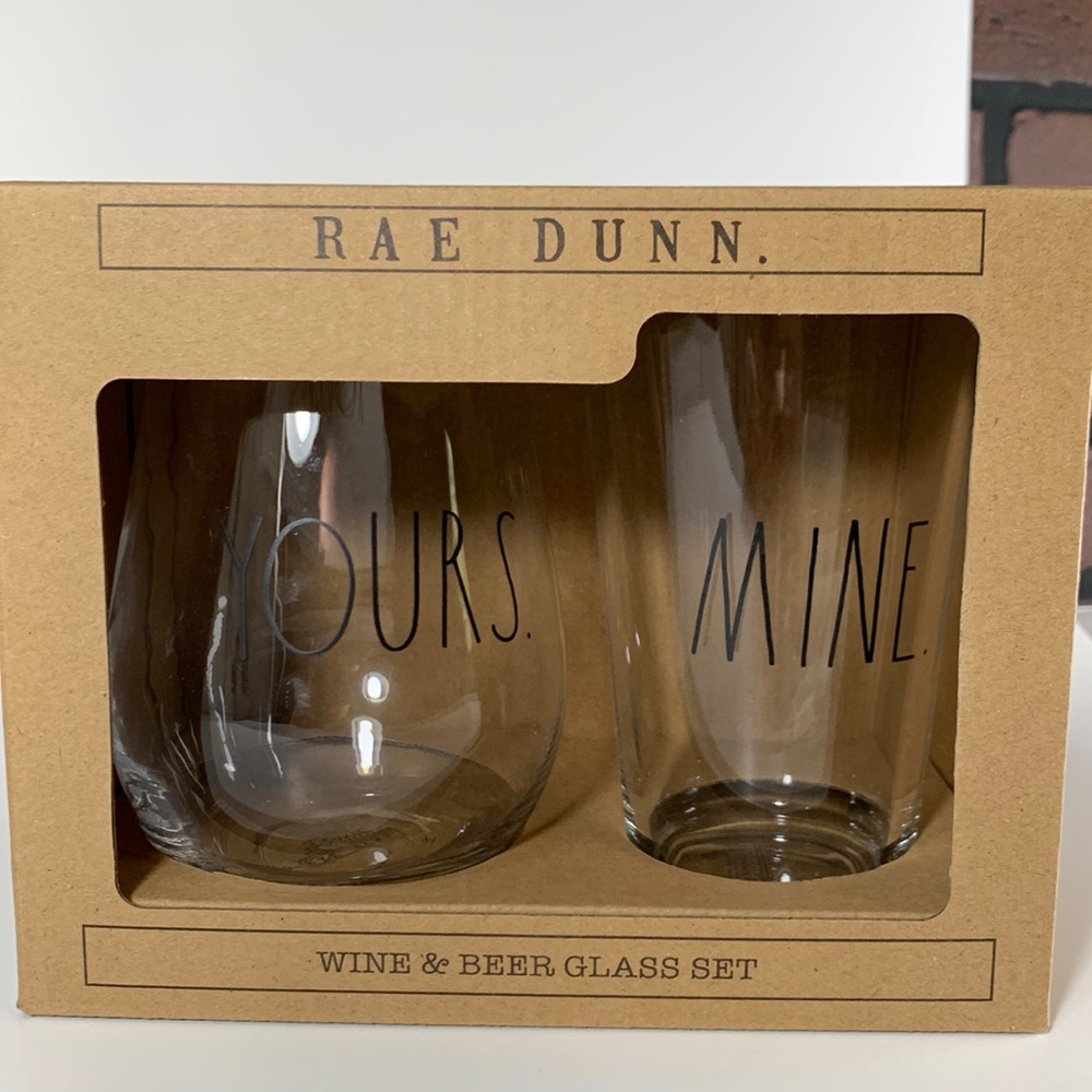 NWT Rae Dunn  Yours & Mine Wine and Beer Glass set .  Dish washer safe